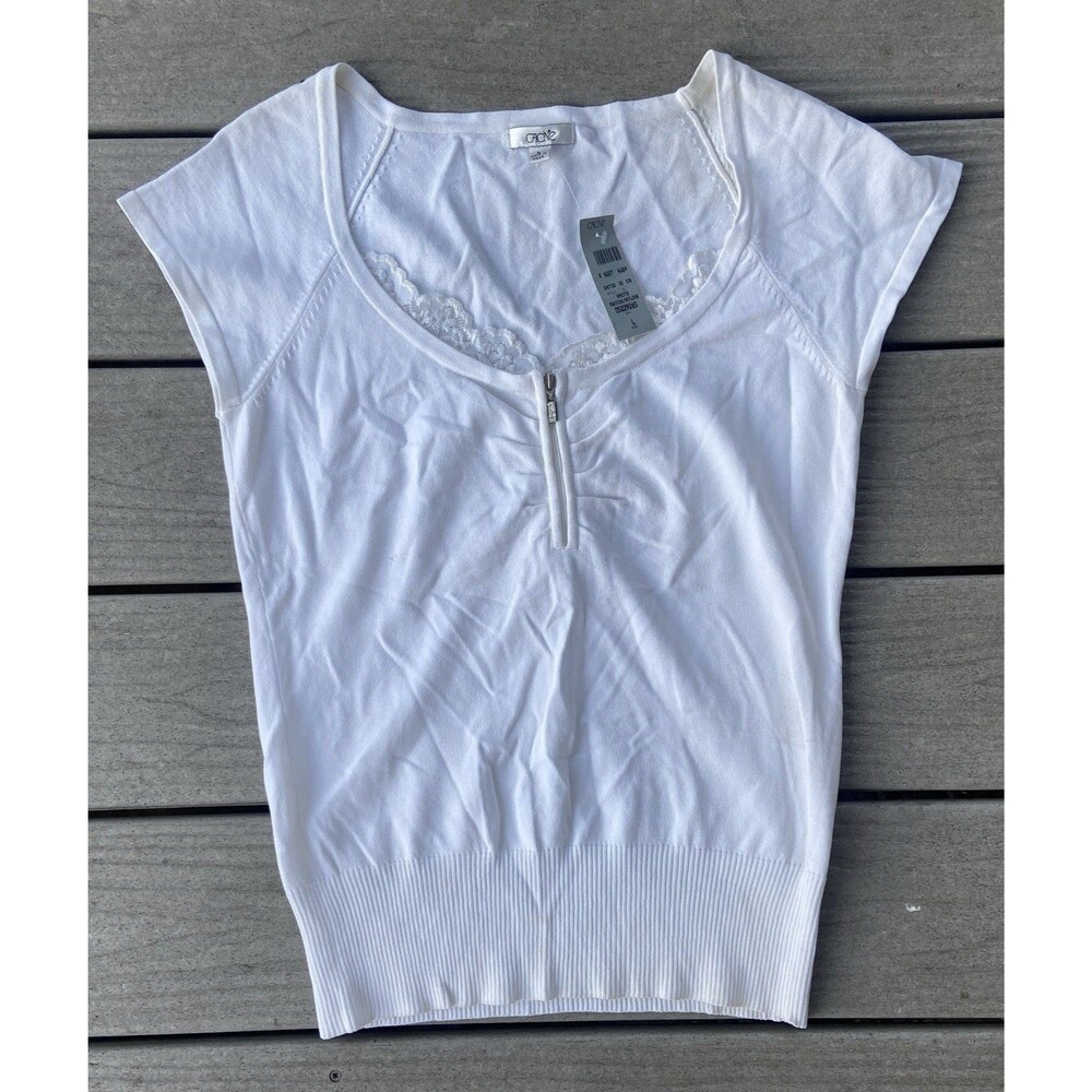 Y2K Cache White Zip Front Lace Trim Fitted Knit Top Rhinestone Zipper